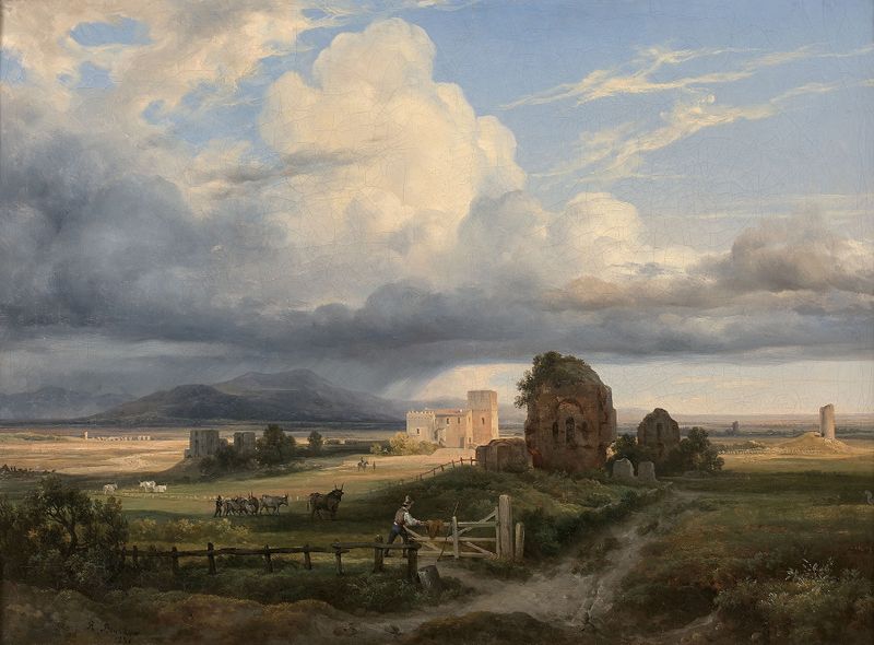 Shepherd with sheep in the Italian countryside, oil painting by Jacques-Raymond Brascassat