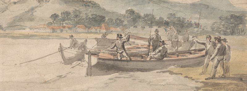 Boats and Men on Shore by William Anderson, oil painting depicting men near boats on a shoreline
