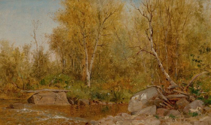Sandy Stream, Maine Woods by Jervis McEntee, oil painting depicting a serene forest landscape.