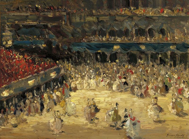 The Masked Ball by Emma Ciardi, oil on canvas depicting a vibrant crowd in Venice.