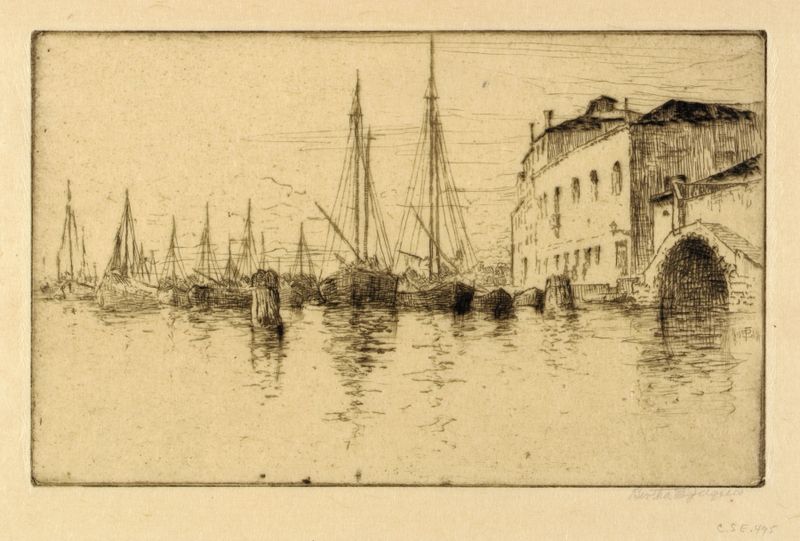 Acuarela de Bertha Jaques que representa la Giudecca en Venecia, con reflejos en el agua.