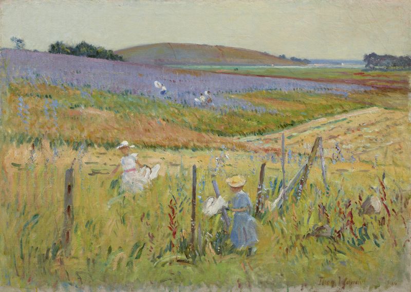 The Butterfly Catchers by Theodore Wendel, oil on canvas depicting children chasing butterflies in golden light.