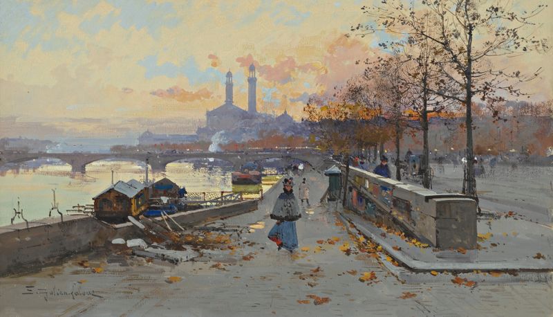 Au Quai de Eugène Galien-Laloue, óleo sobre lienzo que muestra figuras junto al agua al atardecer