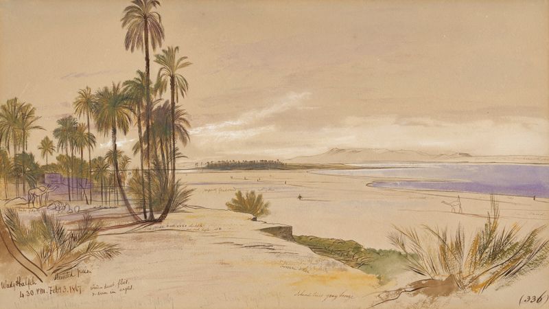 Wadi Halfa, Sudán de Edward Lear, pintura al óleo que representa un vasto paisaje árido