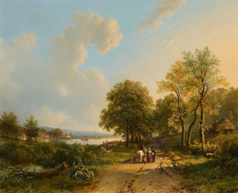 Flusslandschaft mit Reiter und Wanderern de Barend Cornelis Koekkoek, pintura a óleo que retrata uma cena de rio.