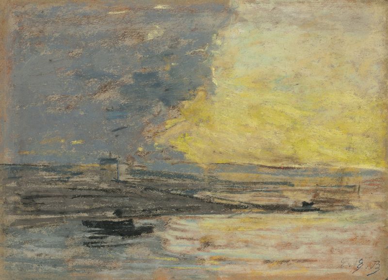Paisagem costeira com ondas e porto, óleo sobre tela de Eugène Boudin