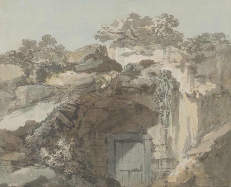 A Porta de uma Gruta de William Marlow, pintura a óleo que mostra uma gruta cercada por folhagem exuberante.