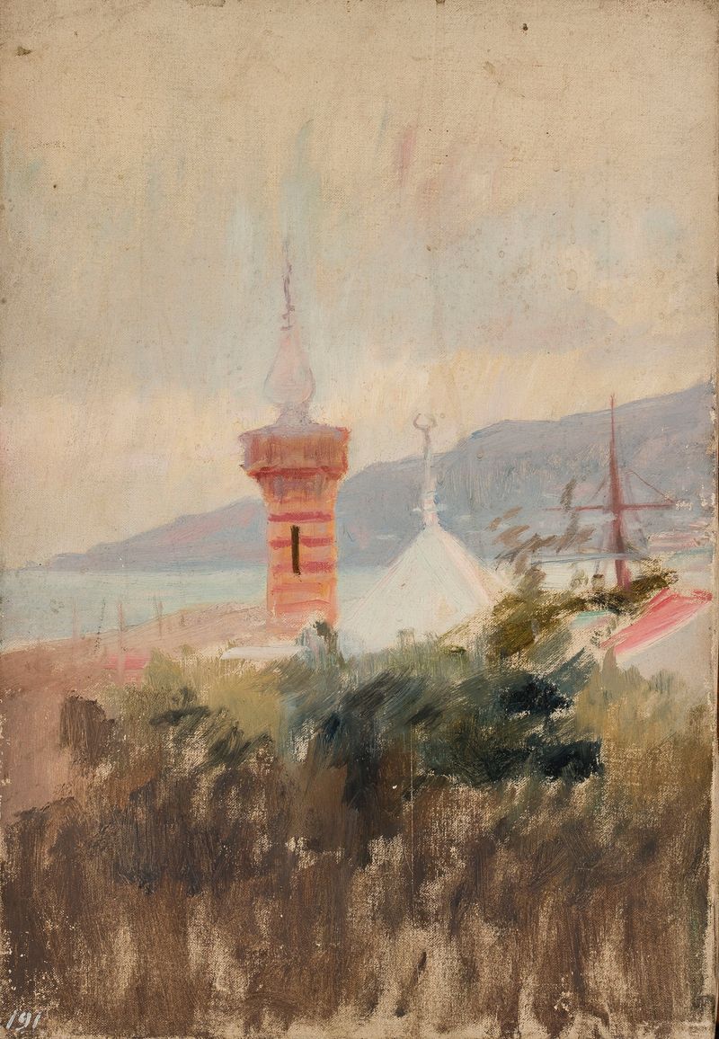 Mezquita en Alupka de Jan Ciągliński, Arte Islámico, mostrando un minarete y árboles frondosos.