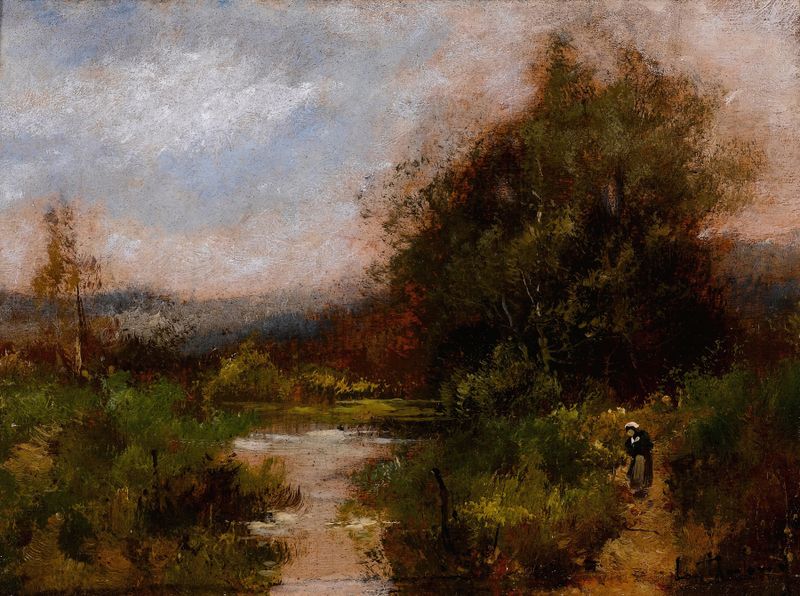 Landscape by Eugène Galien-Laloue, oil on canvas featuring gentle foliage and serene nature.