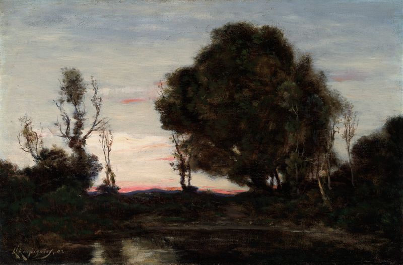Landscape at Dusk de Henri-Joseph Harpignies, óleo que muestra una escena crepuscular con árboles.