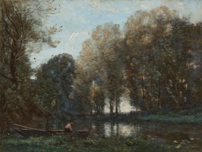 Pescador na margem do rio cercado por vegetação, óleo de Jean-Baptiste-Camille Corot