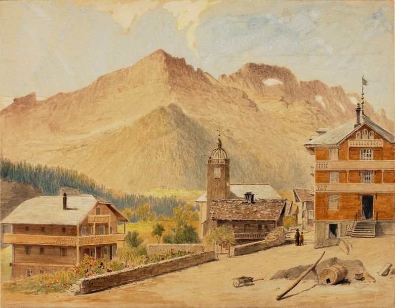 Paisaje romántico de Miner Kilbourne Kellogg, que muestra montañas y nubes.