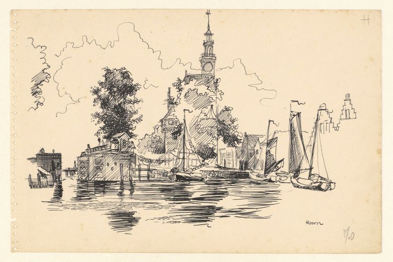 Escena marina que muestra el Hoofdtoren y el agua de Maarten Oortwijn, medio desconocido.
