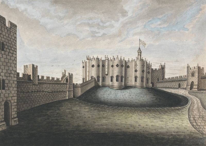 Alnwick Keep, aquarela sobre papel de William Beilby, representando um castelo histórico em uma paisagem.