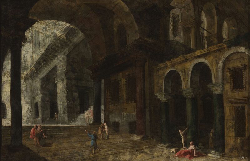 Architectural fantasy with a prison courtyard, oil on canvas by Michele Marieschi