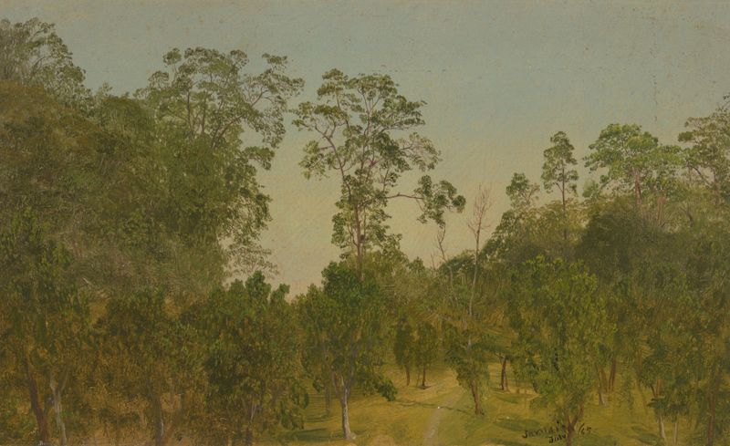 Paisagem de Frederic Edwin Church, pintura a óleo que retrata vegetação exuberante e céus vibrantes.