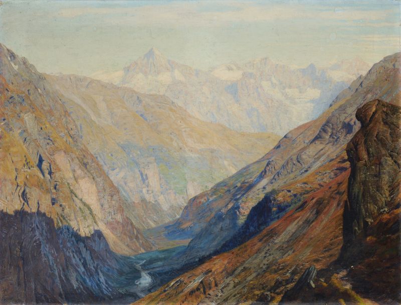 Oil painting by Albert Gos depicting a serene valley landscape