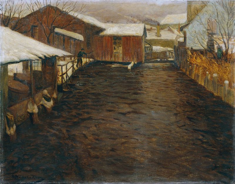 Invierno de Eduard Ameseder, óleo sobre lienzo que representa un paisaje nevado tranquilo.