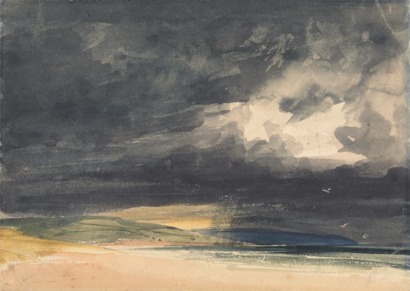A Storm on the Coast de Thomas Shotter Boys, pintura al óleo que muestra olas turbulentas y nubes oscuras.