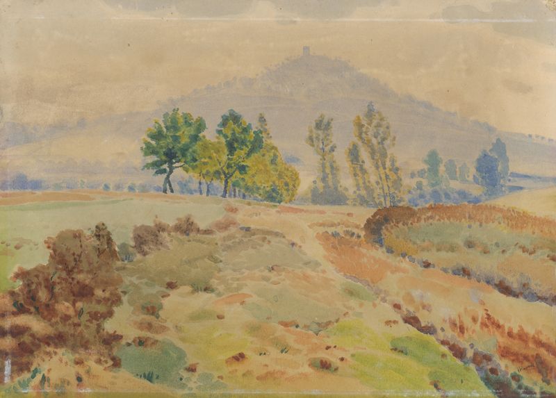 Landscape with Castle Ruins by František Kaván, oil painting featuring castle ruins and rolling hills.