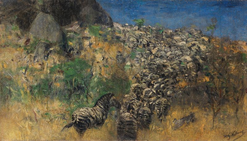Fliehende Zebraherde de Wilhelm Kuhnert, óleo sobre tela retratando zebras em movimento