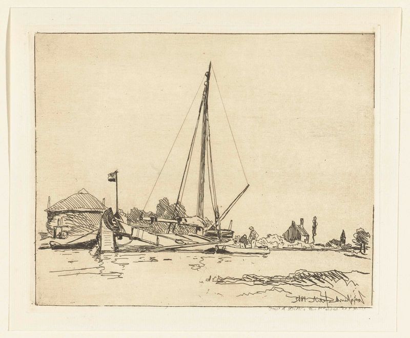 Grabado de Johan Barthold Jongkind que representa un barco en el muelle con reflejos en el agua.