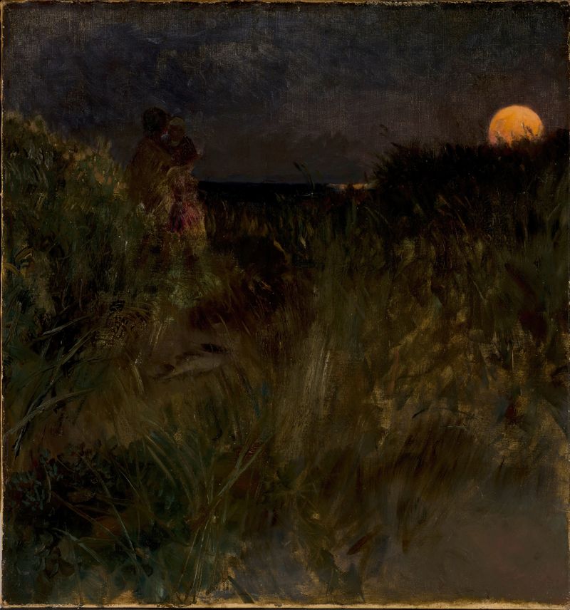 Moonrise over the dunes de Eilif Peterssen, pintura al óleo que representa dunas bajo la luz de la luna.