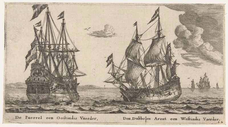 Grabado de Reinier Nooms que muestra los barcos De Parel y De Dubbele Arend en aguas tranquilas