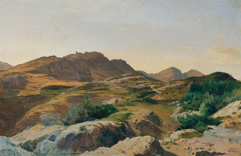 Landschaft im Sabinergebirge, oil on canvas by Carl Schuch, depicting mountains under a sunset sky.
