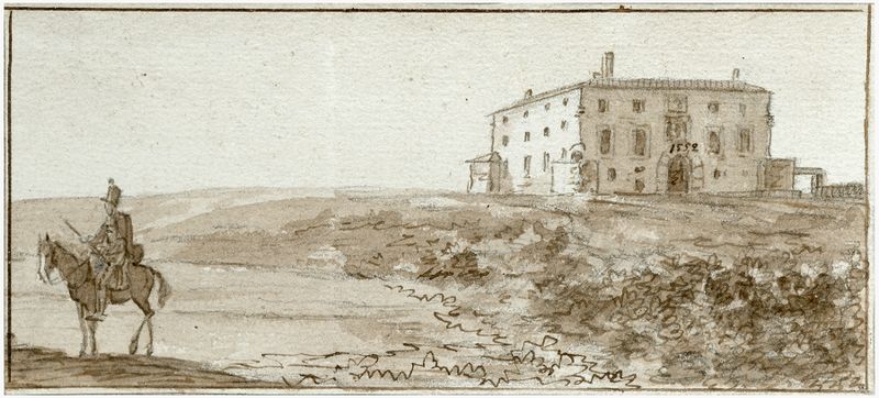 Oil painting by Otto Howen depicting a deserted monastery in a landscape