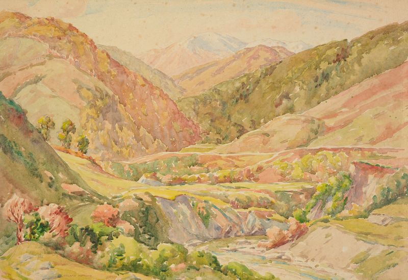 Landscape with mountains by Roland Hipkins, impressionism