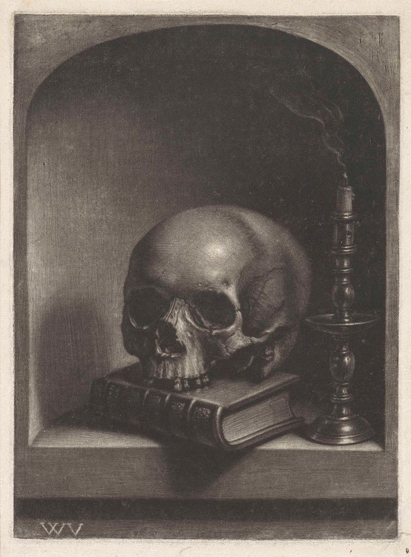 Still life with skull, tobacco pipe, and flowers by Wallerant Vaillant, paper