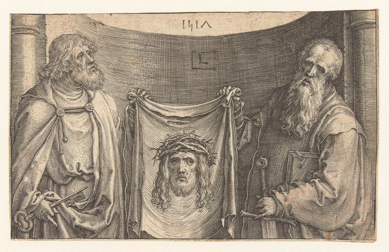 Gravura de Lucas van Leyden retratando Petrus e Paulus com um sudário