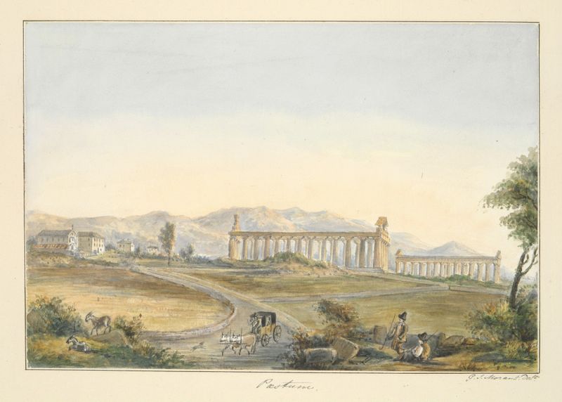 Vista de Paestum de George John Morant, retratando ruínas antigas em luz quente, pintura a óleo