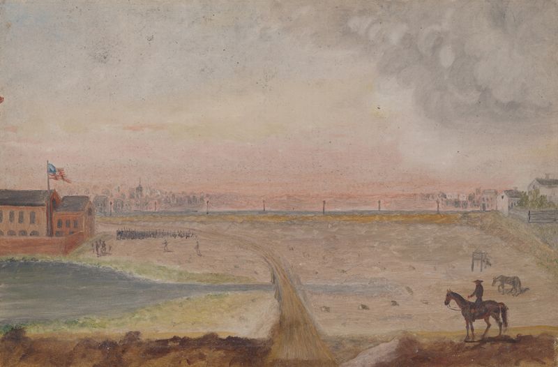 Militia Drilling by William P. Chappel, oil on canvas, soldiers in formation with muted colors