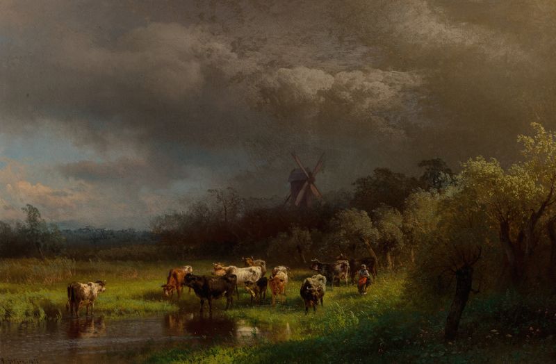 Paisagem com um Moinho, óleo sobre tela de Hermann Ottomar Herzog