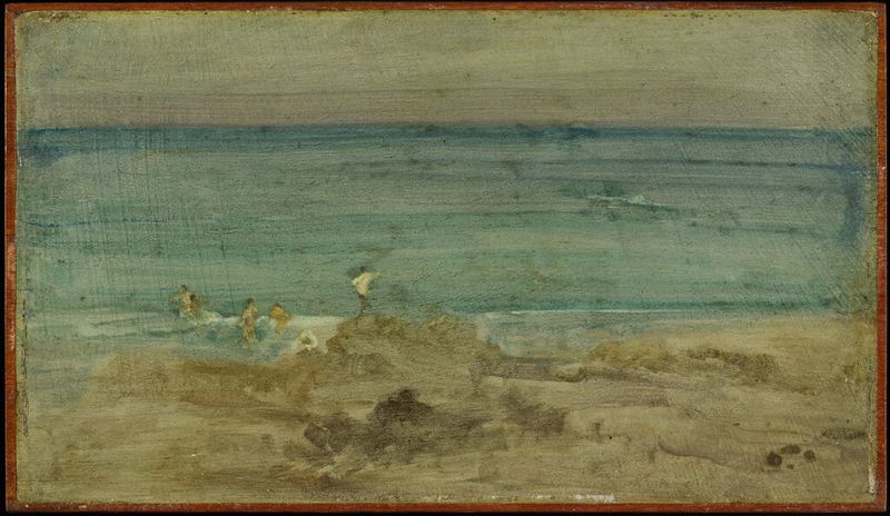 Obra em madeira de James Abbott McNeill Whistler mostrando banhistas em tons violetas e azuis.