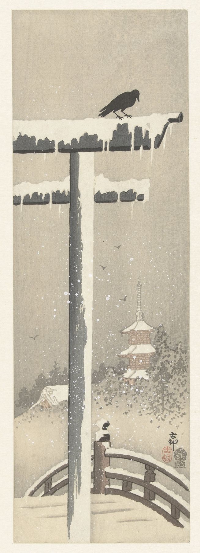 Ukiyo-e by Ohara Koson depicting a torii gate covered in snow