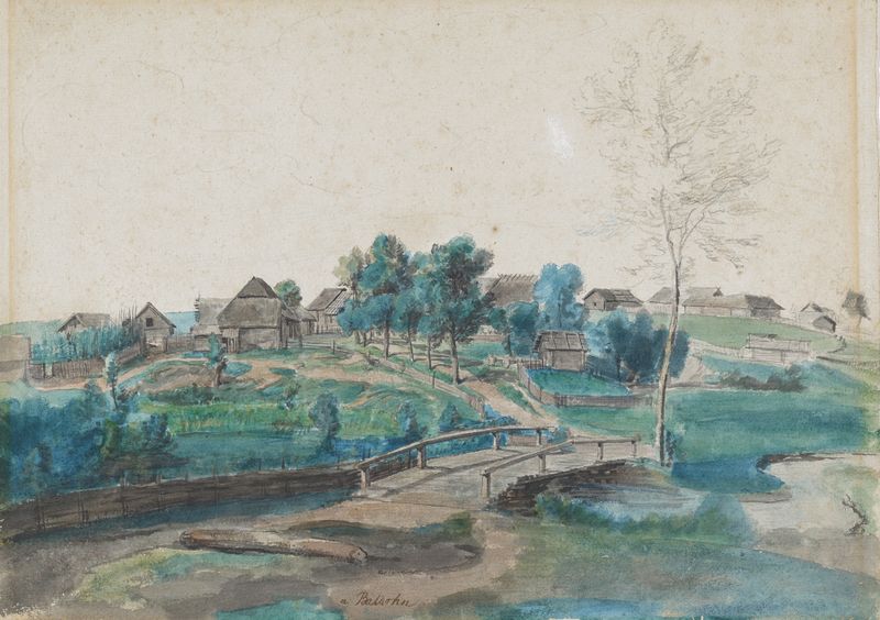 Nordische Landschaft, Blick auf das Dorf Baldohn by Jakob Christoph Miville, oil painting of a serene village landscape.
