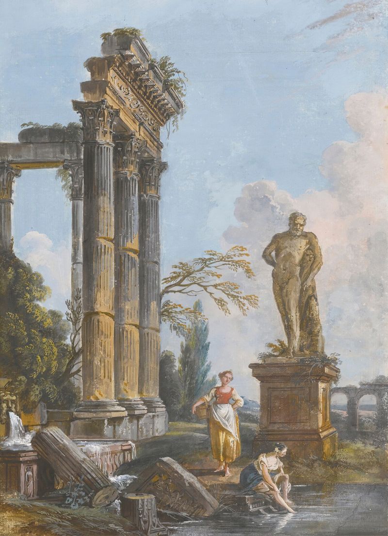 A View Of A Ruined Temple With Washerwomen, oil painting by Jean-Baptiste Lallemand