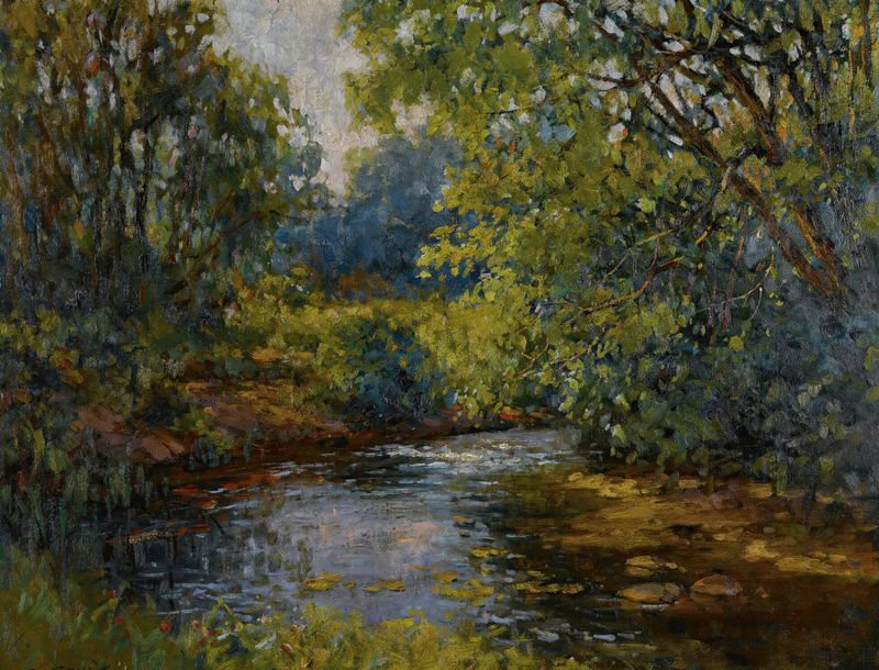 Stream In New England, oil on canvas by Constantin Westchiloff, depicting a flowing stream with reflections of light.