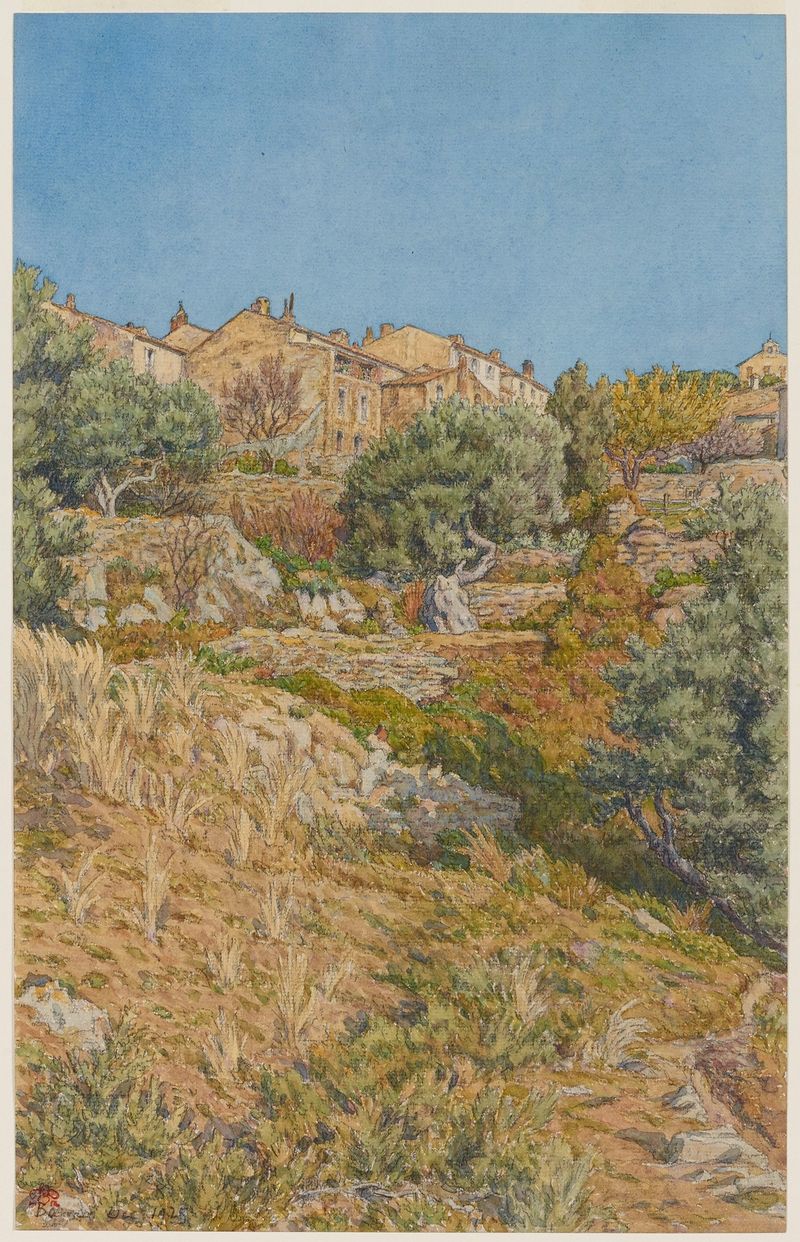 Bormes de Henri Rivière, uma paisagem com árvores esmeralda e luz dourada, meio desconhecido.