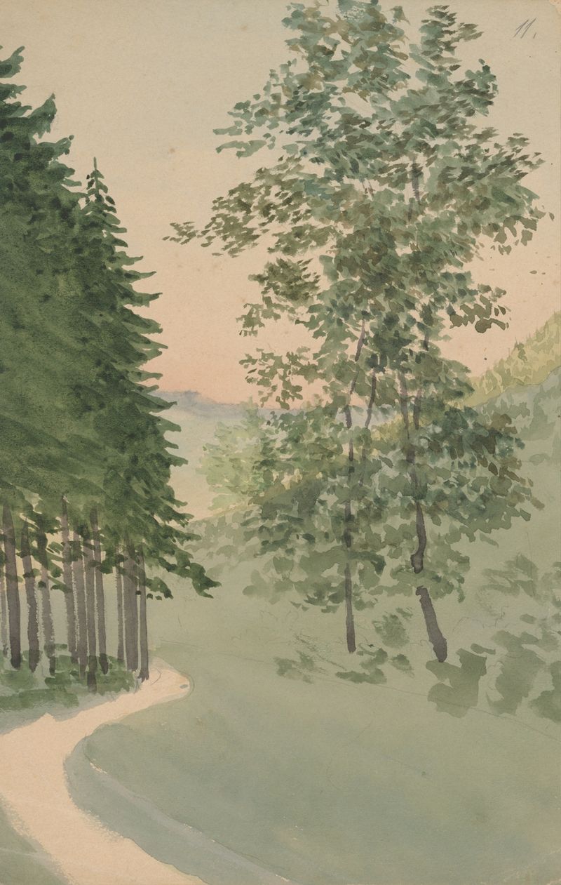 Montaña Camino de Jan Nowopacký, óleo sobre lienzo que muestra un camino serpenteante en un paisaje exuberante.