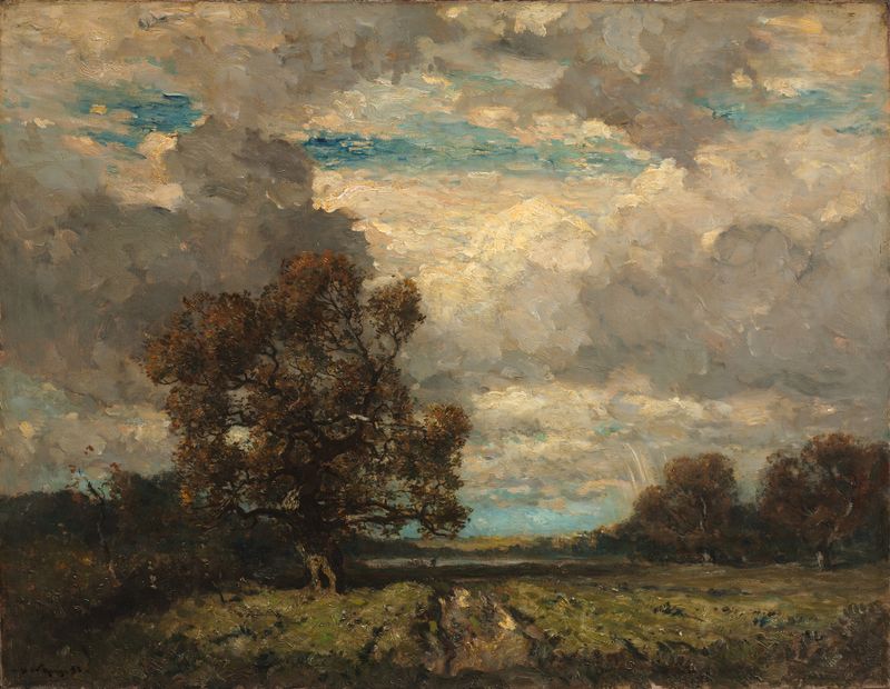 Landscape with a lone figure on a cliff, oil painting by Henry Ward Ranger