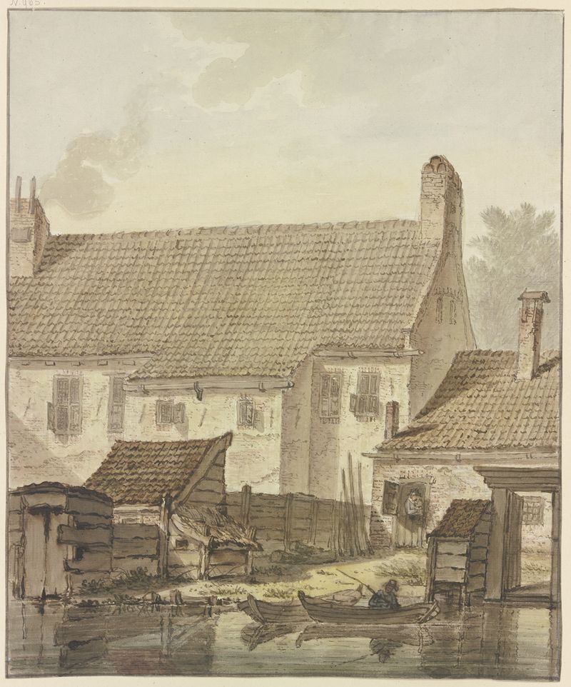 Häuserzeile am Wasser de Johannes Hendrik Knoop, óleo sobre tela mostrando barcos e casas à beira da água.
