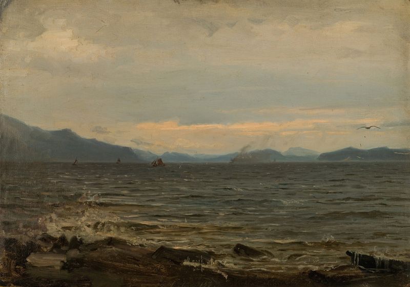 Cena marinha com mar turbulento e nuvens giratórias de Amaldus Nielsen, pintura a óleo