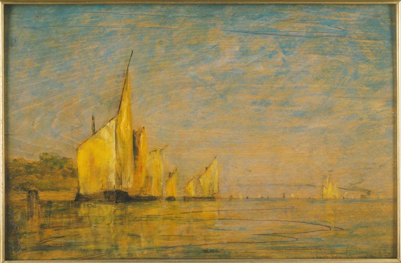 Oil on canvas by William Gedney Bunce depicting boats on Venetian waters