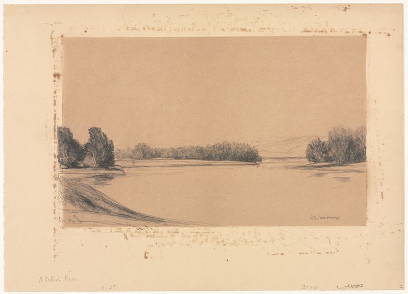 A Scottish River de David Young Cameron, acuarela sobre papel, que representa un paisaje escocés sereno con agua fluyendo.