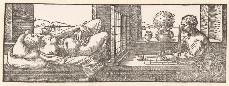 Drawing on paper by Albrecht Dürer depicting a woman being sketched by an artist