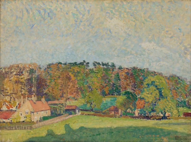 Autumn, Sussex by Spencer Frederick Gore, oil painting depicting autumn leaves and a dramatic sky.